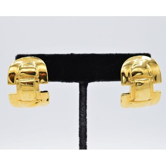 Givenchy Vintage Clip On Earrings Shiny Gold Tone Buckle Signed 1980s BinAE - Picture 1 of 10